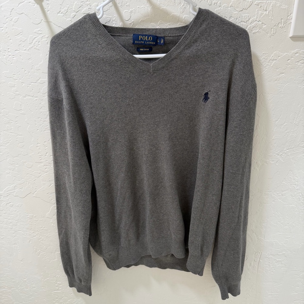 Polo by Ralph Lauren Men’s Gray V-Neck Pima Cotton Sweater - Large